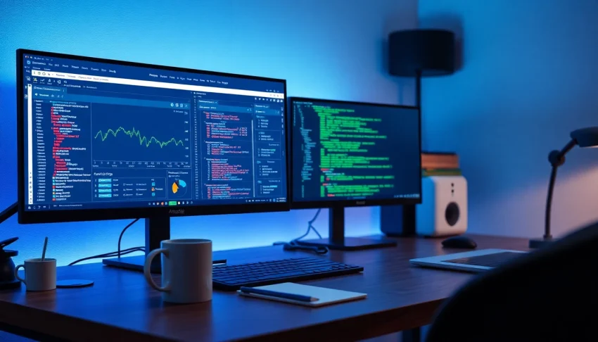 Web scrapping visuals on dual monitors in a modern workspace