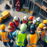 Enhancing construction site safety with workers planning and using safety gear.
