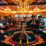 Players engaging at a high-stakes b52 roulette table, immersed in the thrill of gambling.