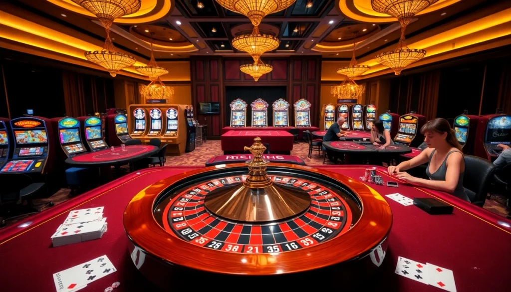 Experience the excitement of MM88's luxurious casino environment with poker tables, roulette, and slot machines.
