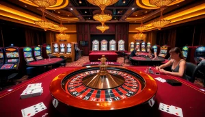 Experience the excitement of MM88's luxurious casino environment with poker tables, roulette, and slot machines.