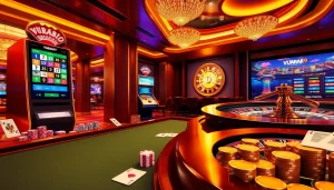 Experience thrilling gameplay with a VUABAI9 online casino scene featuring poker, roulette, and slot machines.