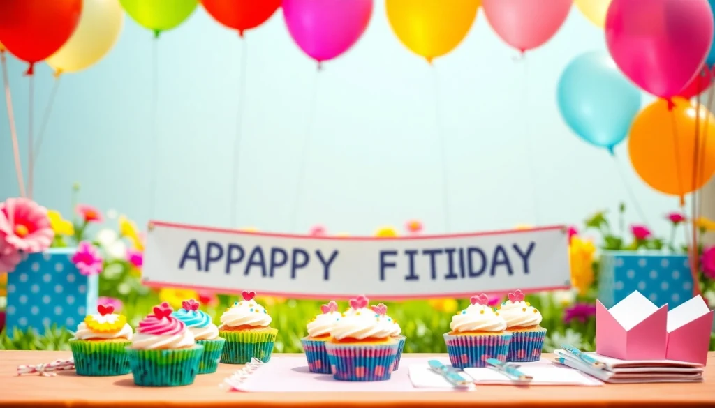 Experience a vibrant customizable birthday party setup with personalized decorations, cupcakes, and balloons.