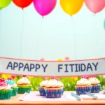 Experience a vibrant customizable birthday party setup with personalized decorations, cupcakes, and balloons.