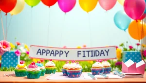 Experience a vibrant customizable birthday party setup with personalized decorations, cupcakes, and balloons.