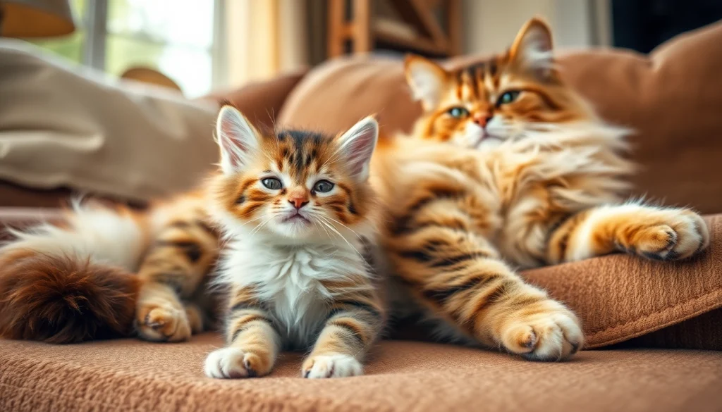 Maine Coon cats for sale near me showcasing a playful kitten and a majestic adult in a cozy room.
