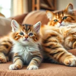 Maine Coon cats for sale near me showcasing a playful kitten and a majestic adult in a cozy room.