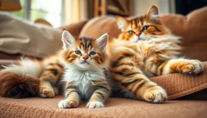 Maine Coon cats for sale near me showcasing a playful kitten and a majestic adult in a cozy room.