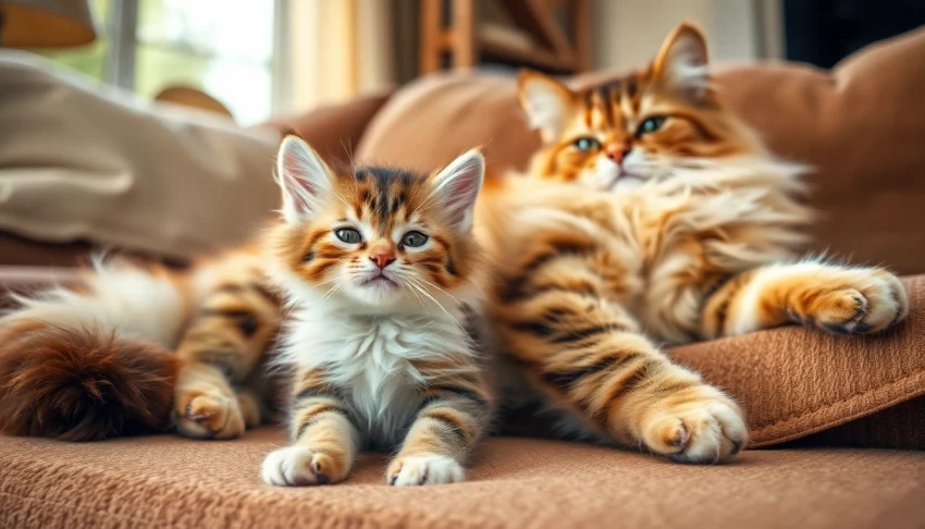 Maine Coon cats for sale near me showcasing a playful kitten and a majestic adult in a cozy room.