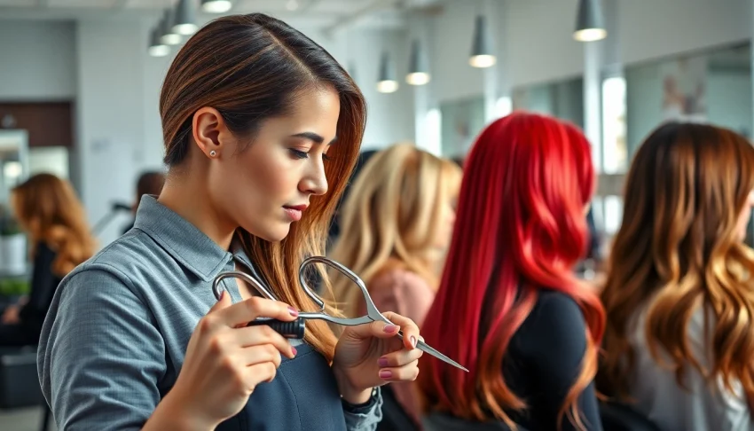 Hairstylist creating stunning transformations at coafor bucuresti salon in vibrant colors.