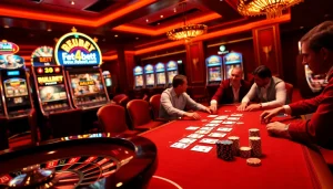 Engaging players at the poker table excitedly betting on outcomes at https://febet8.com casino.