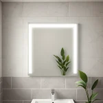 Stylish bathroom mirror with LED light illuminating a modern bathroom setting.