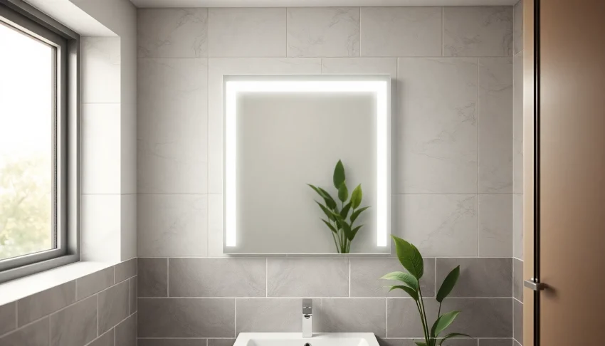 Stylish bathroom mirror with LED light illuminating a modern bathroom setting.