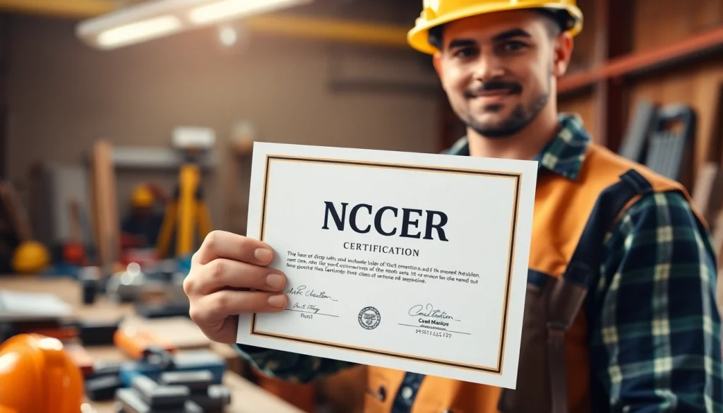 NCCER certification displayed by a skilled worker in a dynamic workshop