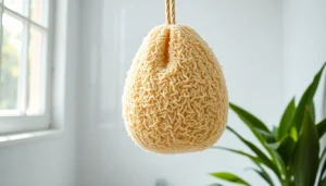 Learn how to clean a loofah naturally with an image showing a pristine loofah in a sunlit bathroom.