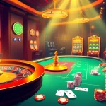 Place your bets at RR88, experiencing a luxurious online casino atmosphere with vibrant slot machines and poker tables.