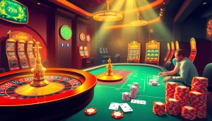 Place your bets at RR88, experiencing a luxurious online casino atmosphere with vibrant slot machines and poker tables.