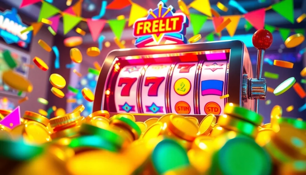 1win pulsuz firlanmalar təqdim edən, slot maşını və parlaq tokenlər ilə festivala bənzəyən görüntü.