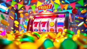 1win pulsuz firlanmalar təqdim edən, slot maşını və parlaq tokenlər ilə festivala bənzəyən görüntü.