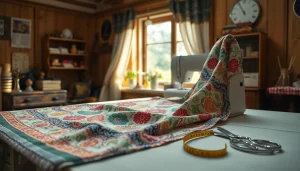 Bekijk de Brabantse bont ruitjes op een zonnige naaitafel met accessoires.