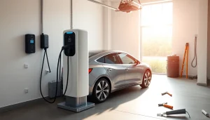 EV charger cost guide image featuring a newly installed home charging station in a residential garage.