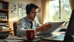 Writing an article for Usa Today while reviewing research materials.