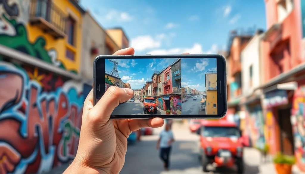 Showcase mobile Lightroom presets on a smartphone amidst a colorful urban setting.