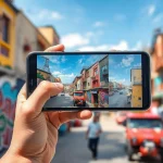 Showcase mobile Lightroom presets on a smartphone amidst a colorful urban setting.