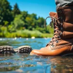 Fly fishing boots showcased in a river, highlighting their durability and traction features.