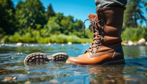 Fly fishing boots showcased in a river, highlighting their durability and traction features.