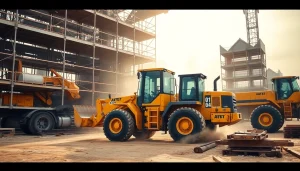 Rent wheel loaders efficiently working on a construction site with heavy machinery.