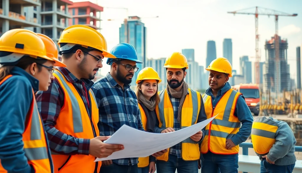 Construction workforce development showcased through teamwork among diverse construction workers in an urban setting.