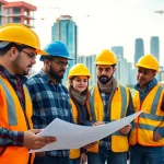 Construction workforce development showcased through teamwork among diverse construction workers in an urban setting.