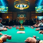 Players enjoying a poker game at 789club casino, with vibrant chips and trophy on the table.