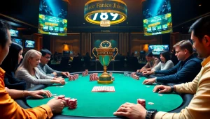 Players enjoying a poker game at 789club casino, with vibrant chips and trophy on the table.