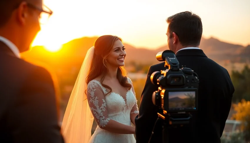 Phoenix videographer capturing a beautiful wedding ceremony at sunset with emotional depth.