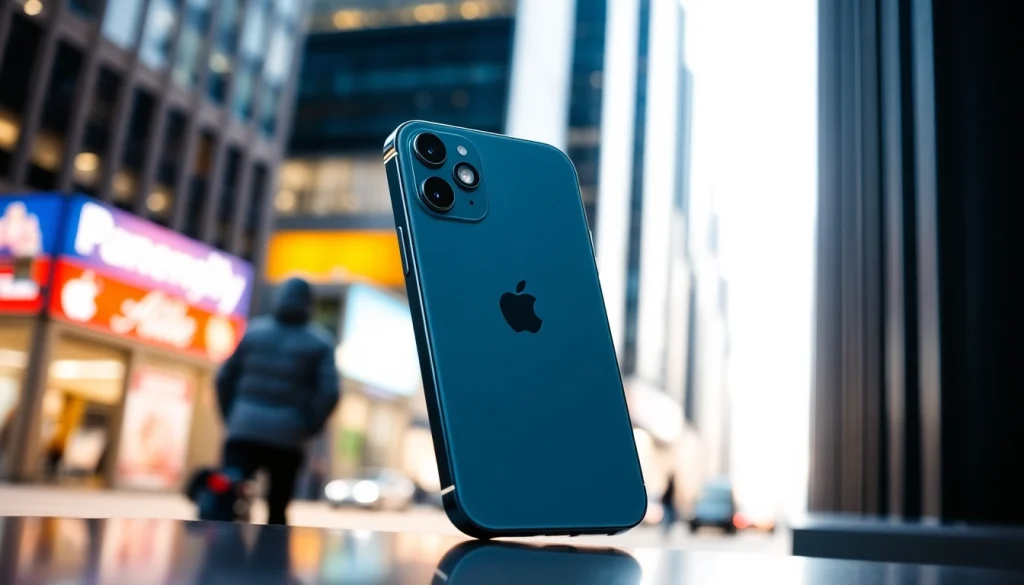 La iPhone SE 4 mostrando su elegante diseño en un entorno urbano vibrante.