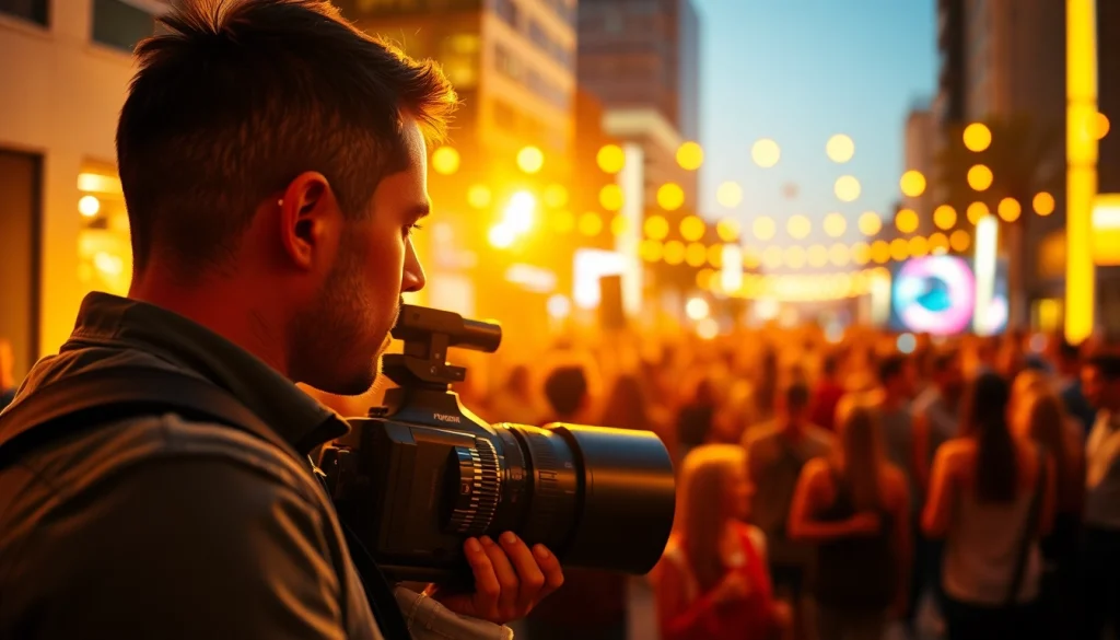 Dynamic scene of a Phoenix videographer capturing an event in a vibrant urban setting.