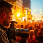 Dynamic scene of a Phoenix videographer capturing an event in a vibrant urban setting.