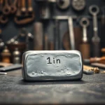 Was ist 1 KG Zinn wert: Ein Kilogramm Zinn auf einem Tisch, der seine wertvolle Metallstruktur präsentiert.