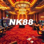 Players strategizing at NK88 casino tables with colorful chips and vibrant slot machines.
