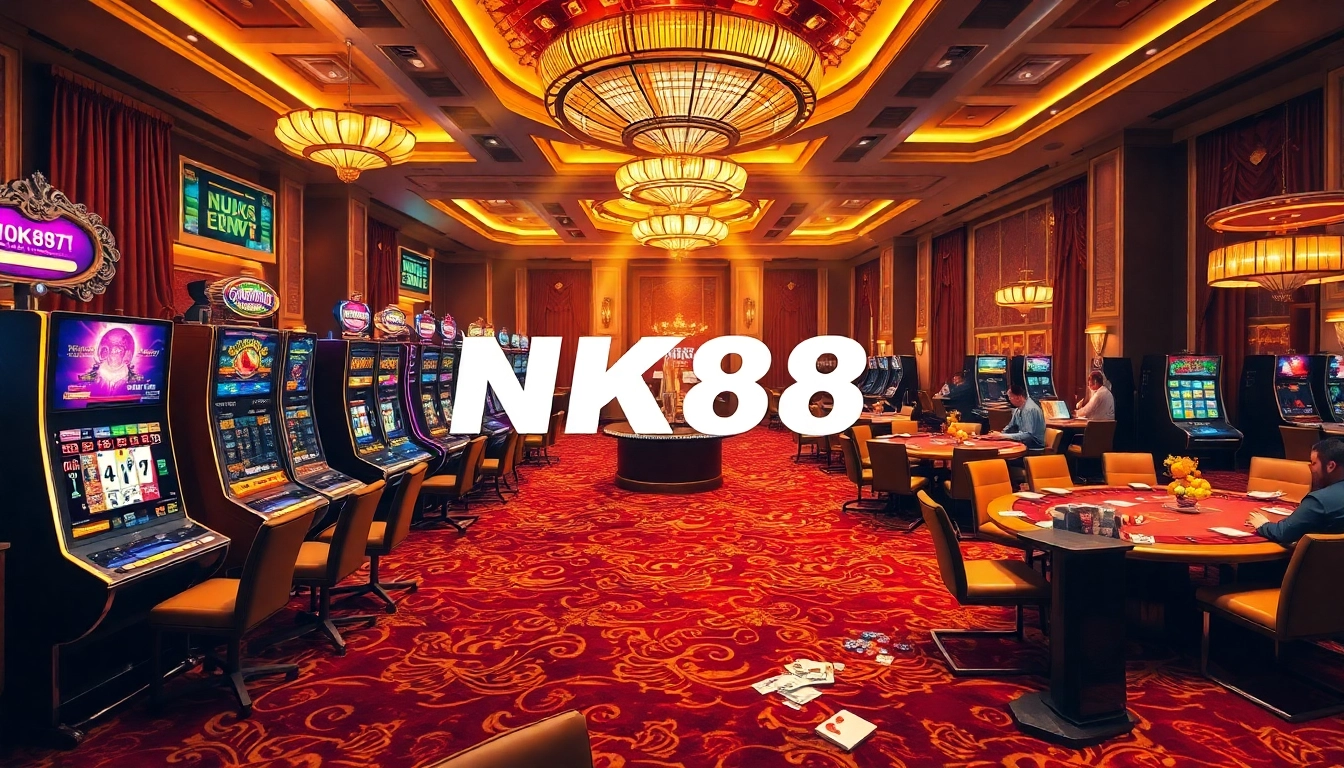 Players strategizing at NK88 casino tables with colorful chips and vibrant slot machines.