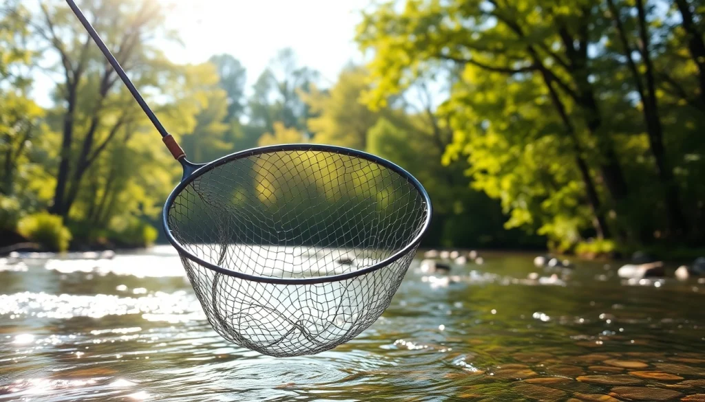 Fly fishing net displayed beautifully in a tranquil riverside setting.