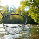 Fly fishing net displayed beautifully in a tranquil riverside setting.