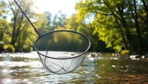 Fly fishing net displayed beautifully in a tranquil riverside setting.