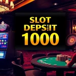 Adegan seru para pemain yang berinteraksi dengan mesin slot deposit 1000 dalam suasana kasino mewah.