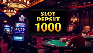 Adegan seru para pemain yang berinteraksi dengan mesin slot deposit 1000 dalam suasana kasino mewah.