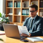 Accountant preparing for tax season at a bright and organized office desk.
