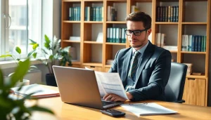 Accountant preparing for tax season at a bright and organized office desk.