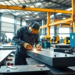 Workers expertly crafting metal at a steel fabrication shop with precision tools and machinery.